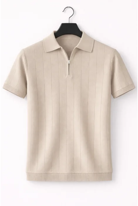 Erkek Polo Yaka Çizgili Triko Tişört Vizon Cd171