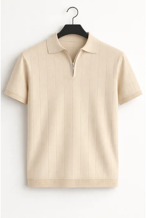 Erkek Polo Yaka Çizgili Triko Tişört Krem Cd171