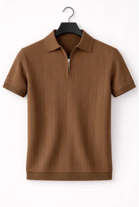 Erkek Polo Yaka Çizgili Triko Tişört Açık Kahverengi Cd171