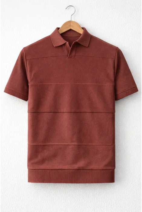 Erkek Açık Yaka Bloklu Triko Tişört Kiremit Cd174