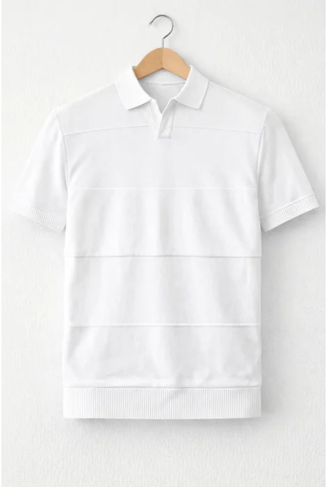 Erkek Açık Yaka Bloklu Triko Tişört Beyaz Cd174