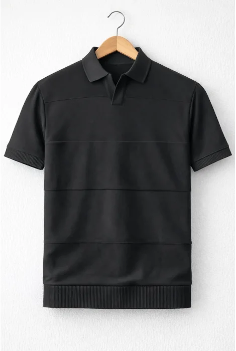 Erkek Açık Yaka Bloklu Triko Tişört Siyah Cd174