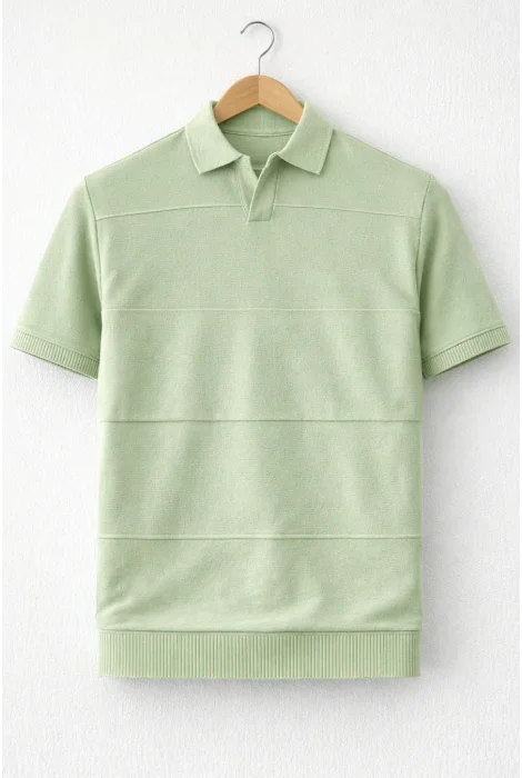 Erkek Açık Yaka Bloklu Triko Tişört Açık Yeşil Cd174