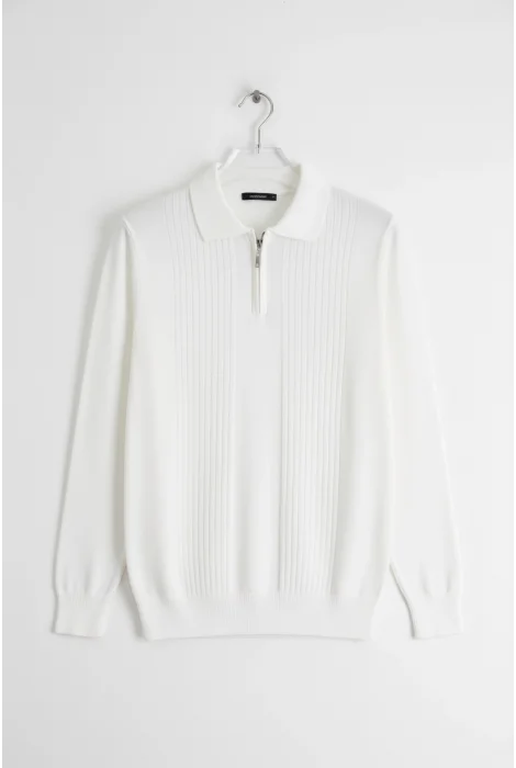 Erkek Çizgi Desenli Polo Yaka Normal Kalıp Kazak Beyaz Cd129