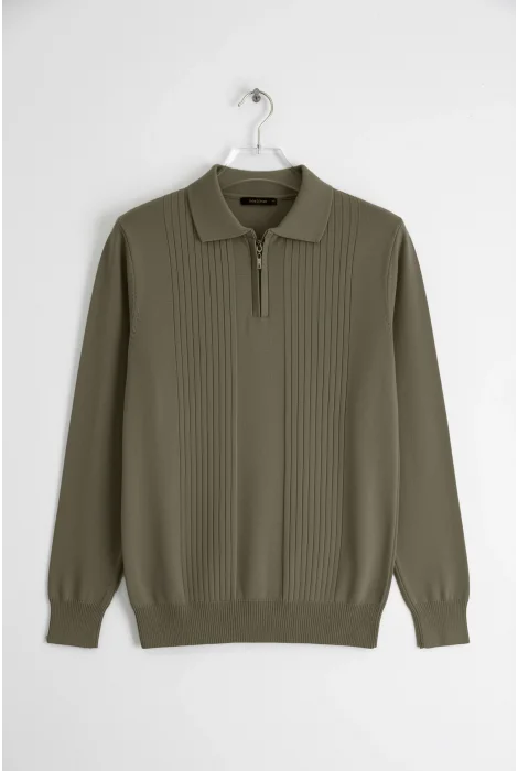 Erkek Çizgi Desenli Polo Yaka Normal Kalıp Kazak Haki Cd129