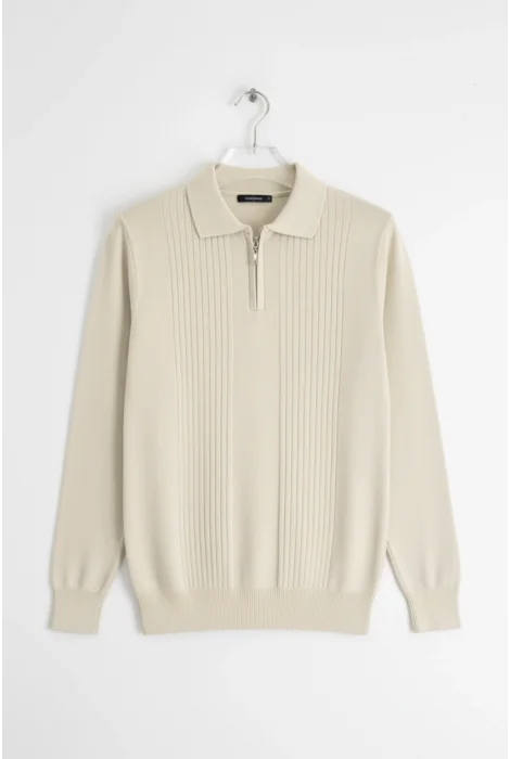 Erkek Çizgi Desenli Polo Yaka Normal Kalıp Kazak Krem Cd129