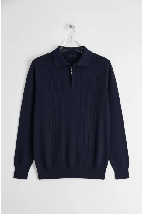 Erkek Çizgi Desenli Polo Yaka Normal Kalıp Kazak Lacivert Cd129