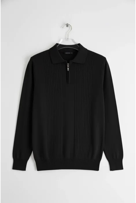 Erkek Çizgi Desenli Polo Yaka Normal Kalıp Kazak Siyah Cd129