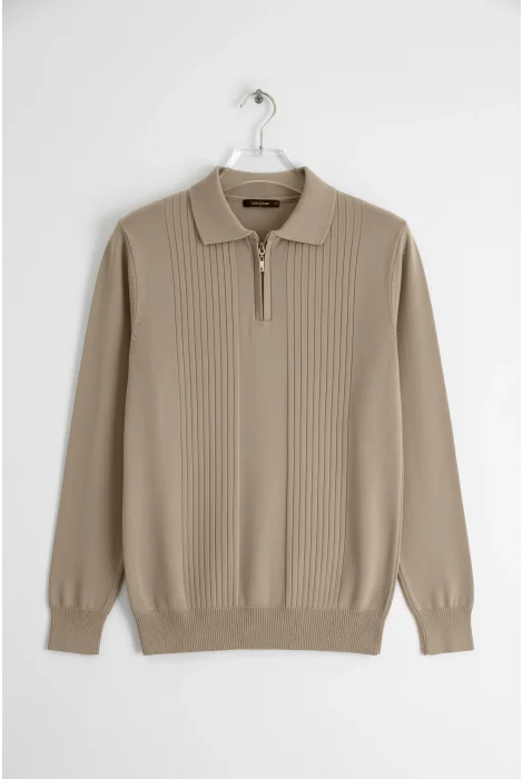 Erkek Çizgi Desenli Polo Yaka Normal Kalıp Kazak Vizon Cd129