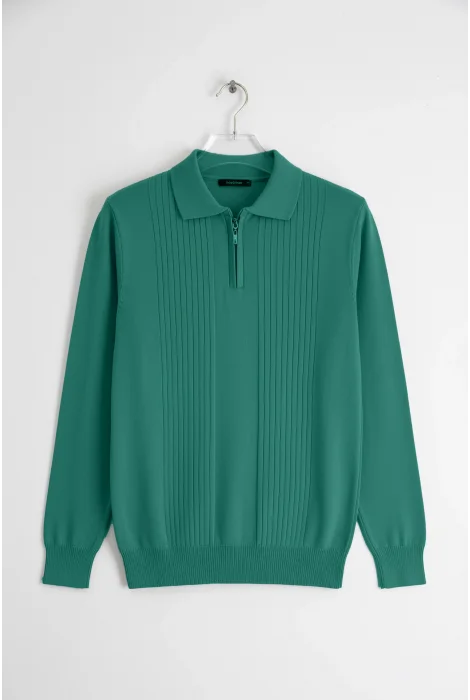 Erkek Çizgi Desenli Polo Yaka Normal Kalıp Kazak Yeşil Cd129