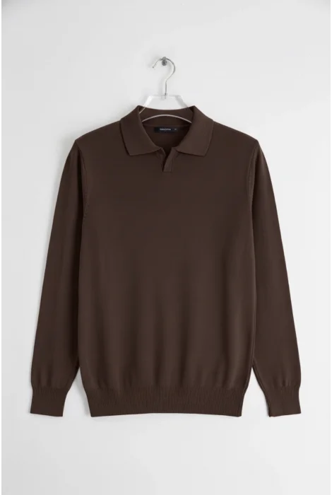 Erkek Düz Desen Açık Yaka Kazak Kahverengi Cd130