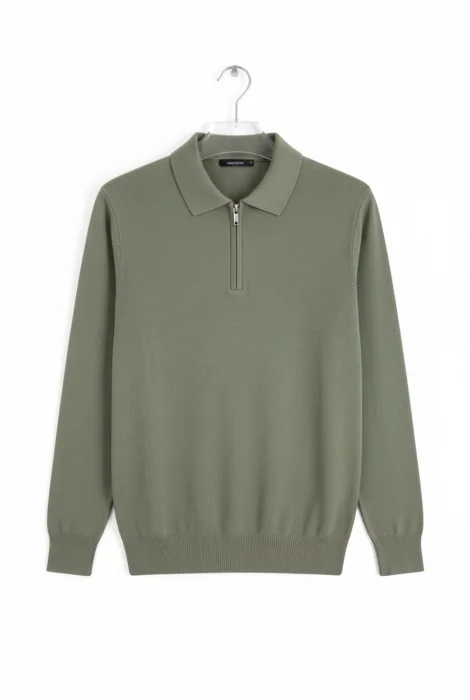 Erkek Düz Desen Fermuarlı Kazak Açık Yeşil Cd134