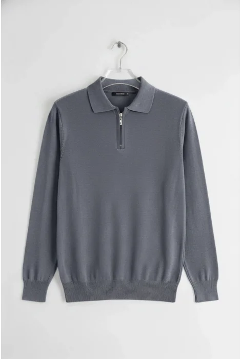 Erkek Düz Desen Fermuarlı Kazak Antrasit Cd134