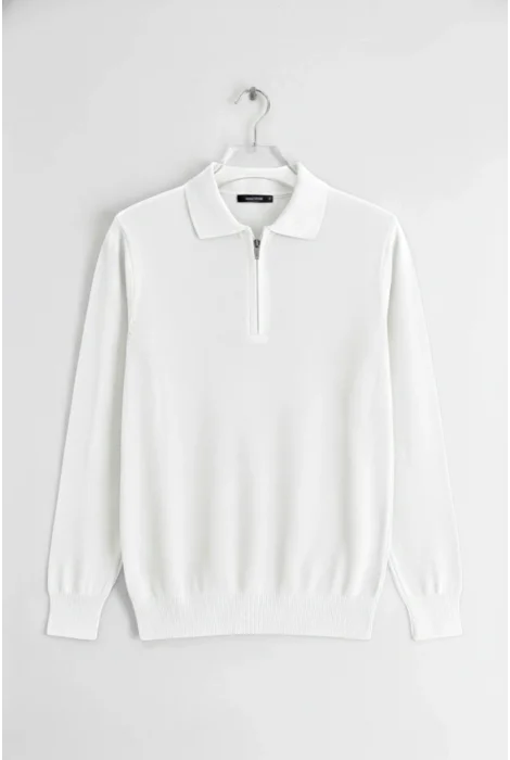 Erkek Düz Desen Fermuarlı Kazak Beyaz Cd134