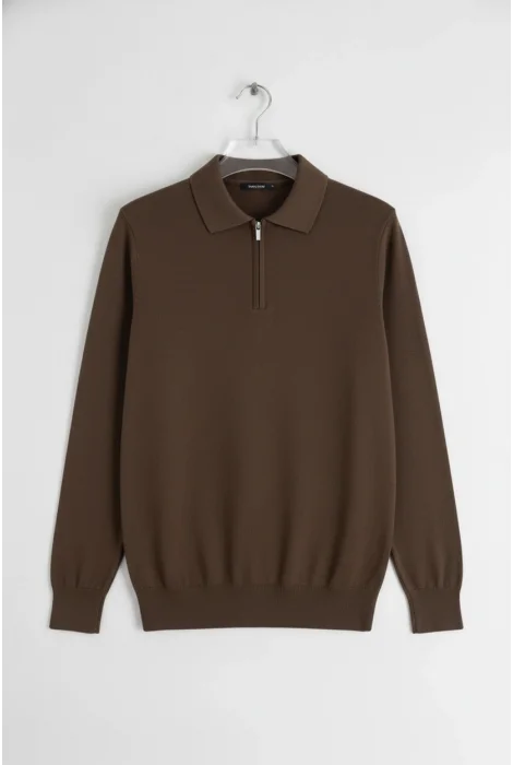 Erkek Düz Desen Fermuarlı Kazak Kahverengi Cd134