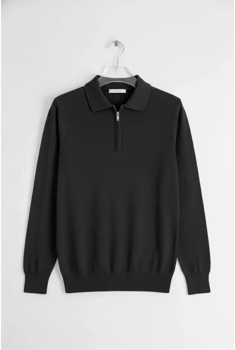 Erkek Düz Desen Fermuarlı Kazak Siyah Cd134