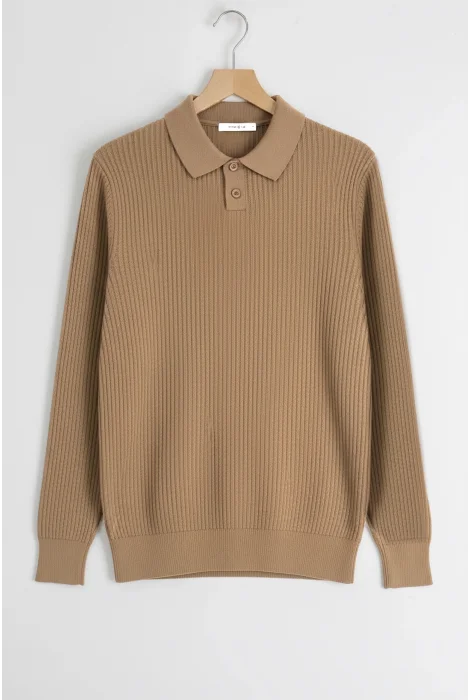 Erkek Esnek Kumaş Düğmeli Kazak Açık Kahve Cd132