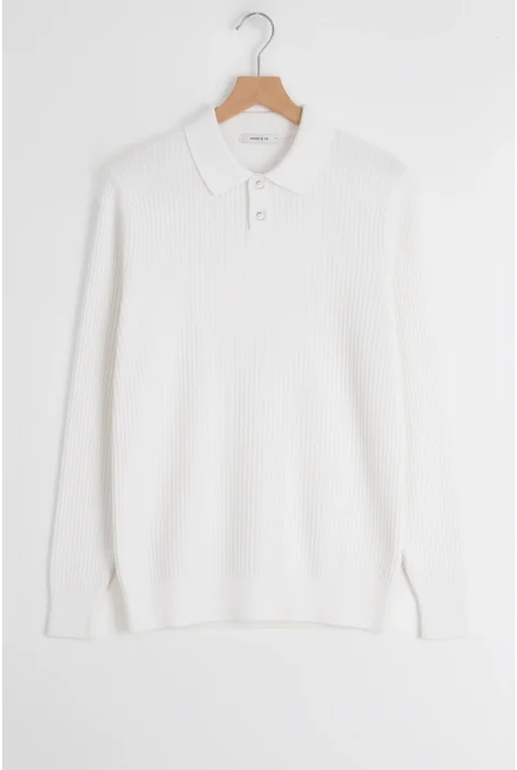 Erkek Esnek Kumaş Düğmeli Kazak Beyaz Cd132