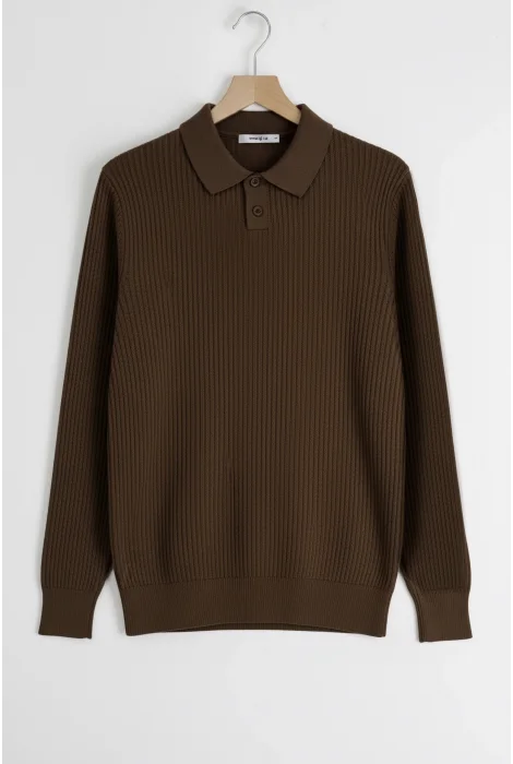 Erkek Esnek Kumaş Düğmeli Kazak Kahverengi Cd132