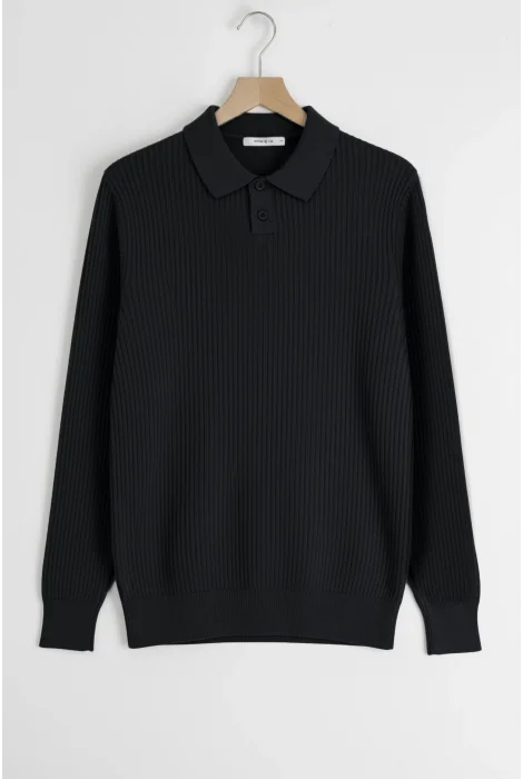 Erkek Esnek Kumaş Düğmeli Kazak Siyah Cd132