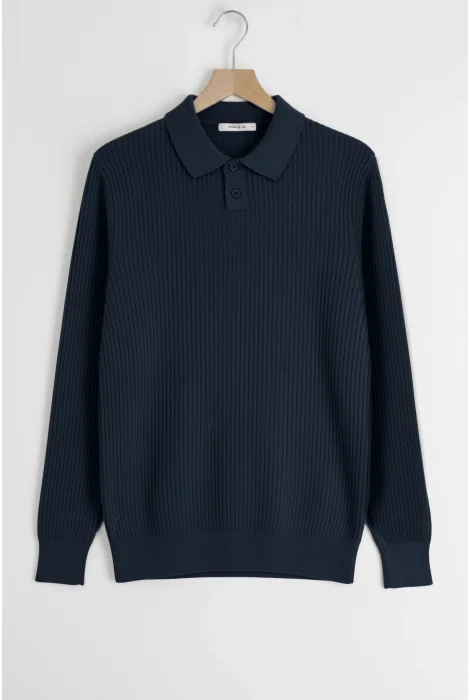 Erkek Esnek Kumaş Düğmeli Kazak Lacivert Cd132