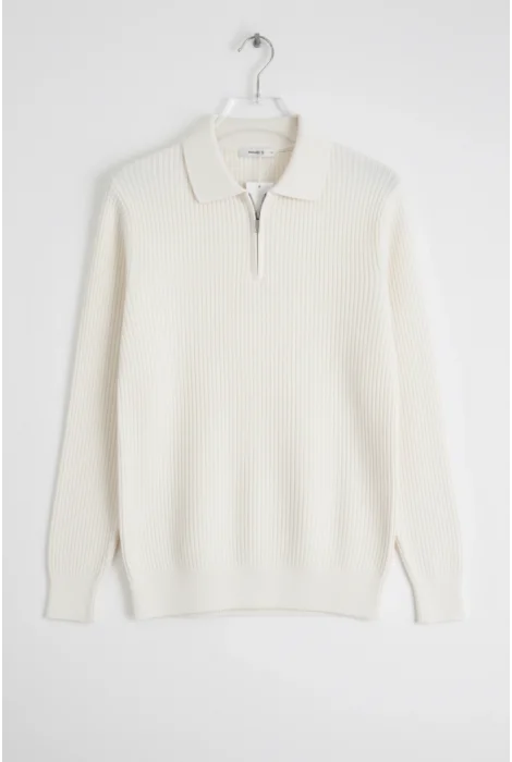 Erkek Esnek Kumaş Fermuarlı Desenli Kazak Beyaz Cd131