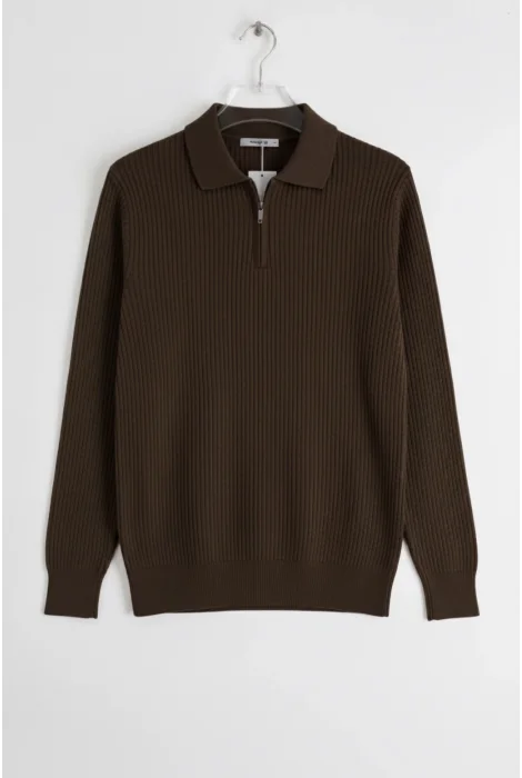 Erkek Esnek Kumaş Fermuarlı Desenli Kazak Kahverengi Cd131