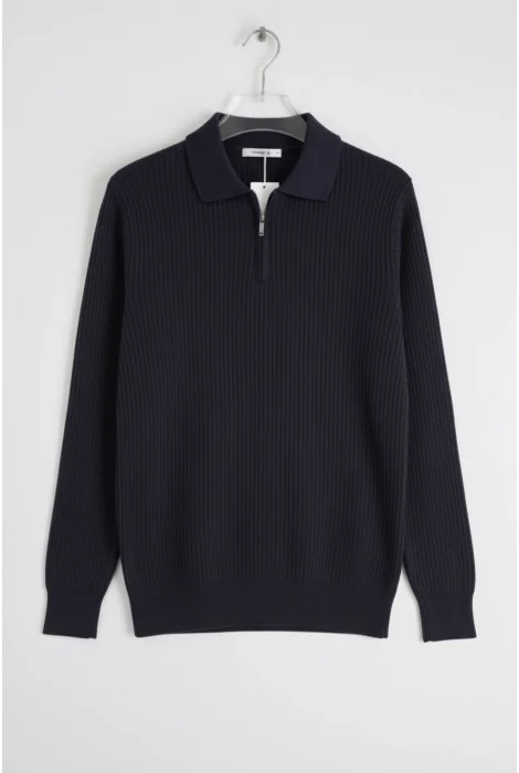 Erkek Esnek Kumaş Fermuarlı Desenli Kazak Lacivert Cd131