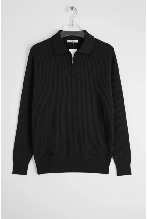 Erkek Esnek Kumaş Fermuarlı Desenli Kazak Siyah Cd131