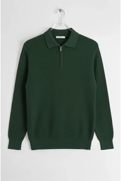 Erkek Esnek Kumaş Fermuarlı Desenli Kazak Yeşil Cd131