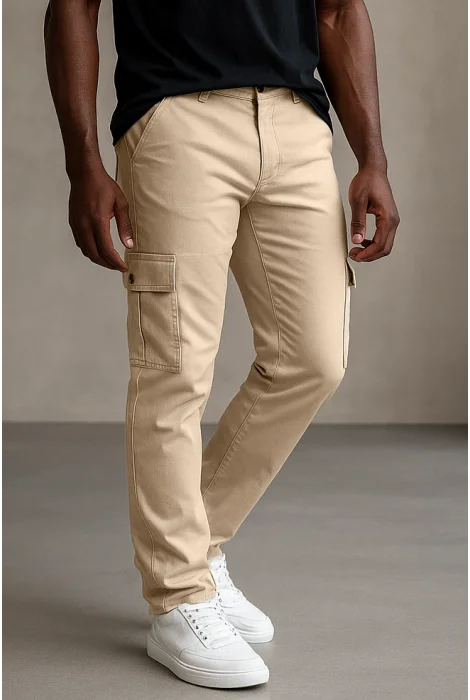 Erkek Kargo Cepli Beli Düğmeli Pantolon Krem Cd102