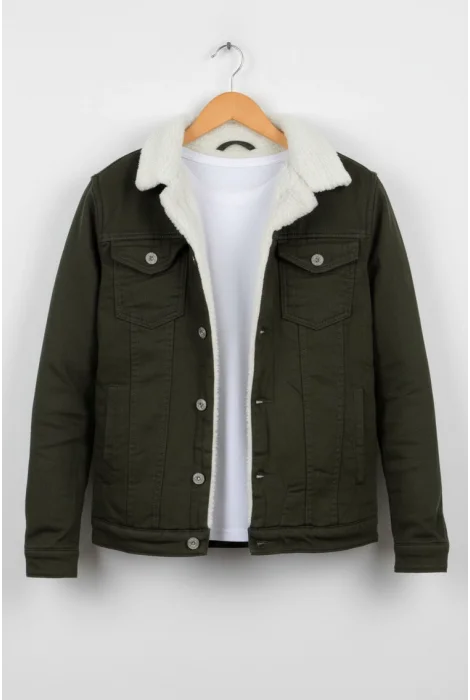 Erkek Slim Fit İçi Kürklü Kot Ceket Yeşil Cd121