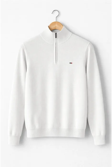 Erkek Yarım Fermuarlı Kazak Beyaz Cd144