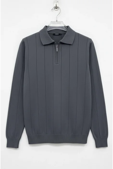 Erkek Yarım Fermuarlı Polo Yaka Normal Kalıp Kazak Antrasit Cd101