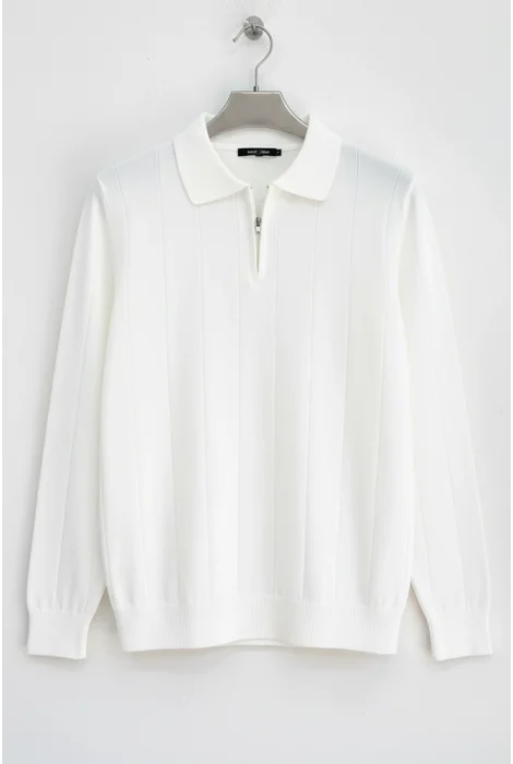 Erkek Yarım Fermuarlı Polo Yaka Normal Kalıp Kazak Beyaz Cd101