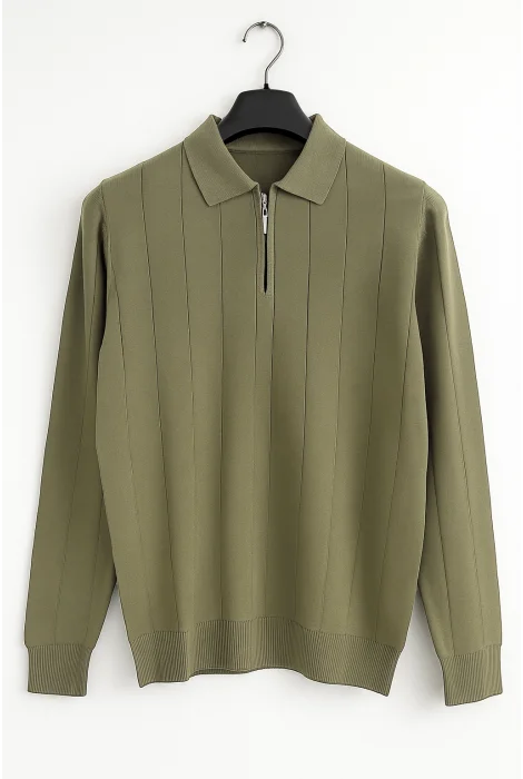 Erkek Yarım Fermuarlı Polo Yaka Normal Kalıp Kazak Haki Cd101