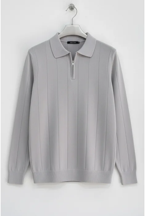 Erkek Yarım Fermuarlı Polo Yaka Normal Kalıp Kazak Gri Cd101