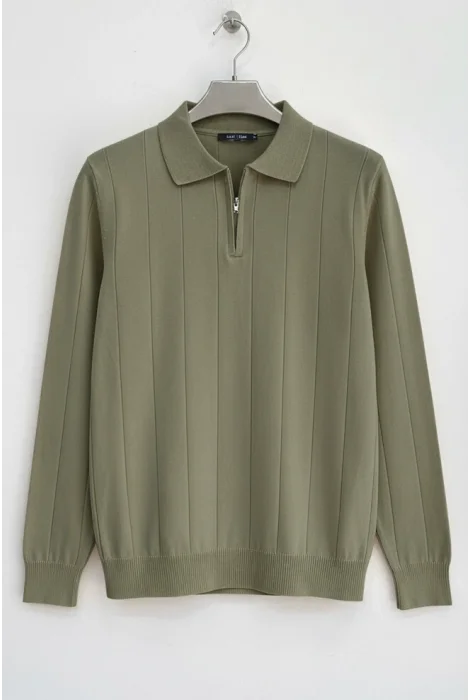 Erkek Yarım Fermuarlı Polo Yaka Normal Kalıp Kazak Haki Cd101