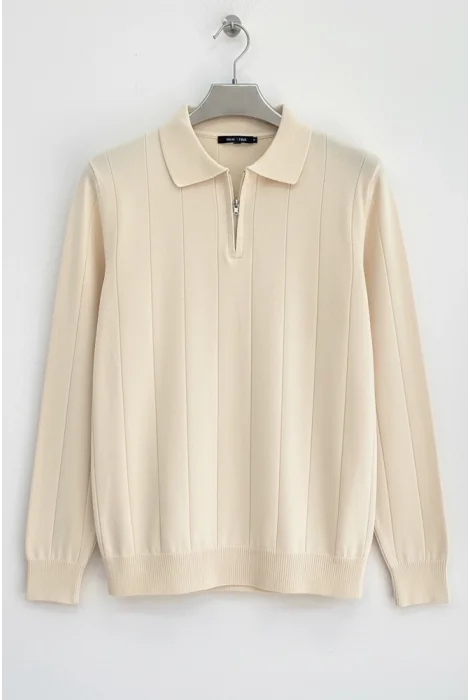 Erkek Yarım Fermuarlı Polo Yaka Normal Kalıp Kazak Krem Cd101