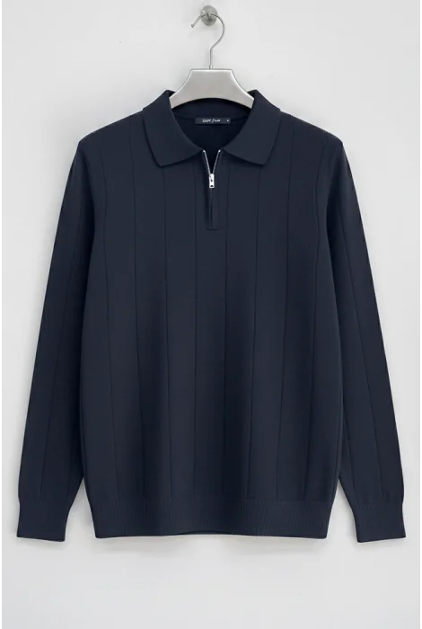 Erkek Yarım Fermuarlı Polo Yaka Normal Kalıp Kazak Lacivert Cd101