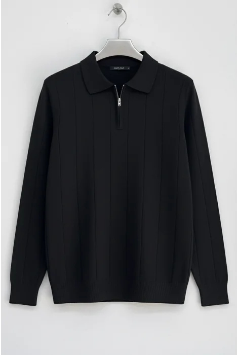 Erkek Yarım Fermuarlı Polo Yaka Normal Kalıp Kazak Siyah Cd101