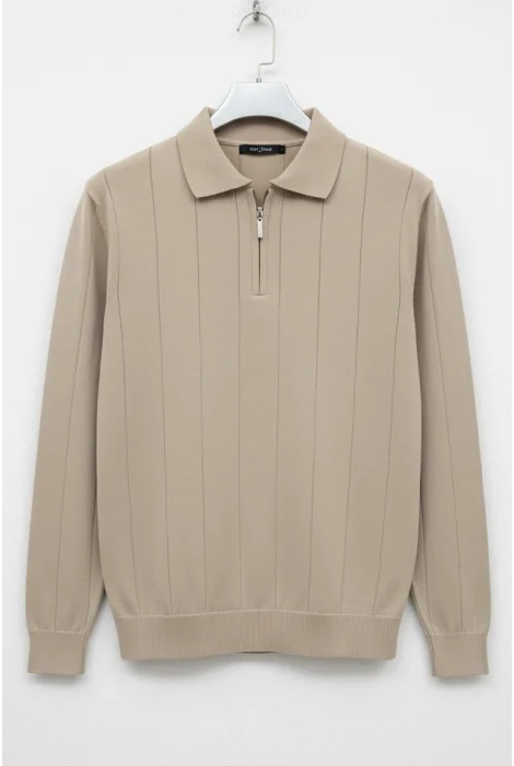 Erkek Yarım Fermuarlı Polo Yaka Normal Kalıp Kazak Vizon Cd101