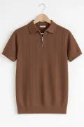 Erkek Polo Yaka Desenli Triko Tişört Kahverengi Cd164