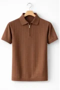 Erkek Çizgi Desenli Polo Yaka Triko Tişört Kahverengi Cd168