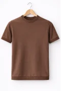 Erkek Düz Bisiklet Yaka Triko Tişört Kahverengi Cd169