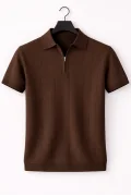 Erkek Polo Yaka Çizgili Triko Tişört Kahverengi Cd171