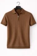 Erkek Polo Yaka Çizgili Triko Tişört Açık Kahverengi Cd171