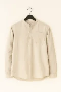 Erkek Geniş Kesim Hakim Yaka Yarım Düğmeli Gömlek Bej Cd119