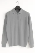 Erkek Yarım Fermuarlı Polo Yaka Normal Kalıp Kazak Gri Cd101