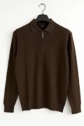 Erkek Yarım Fermuarlı Polo Yaka Normal Kalıp Kazak Kahverengi Cd101